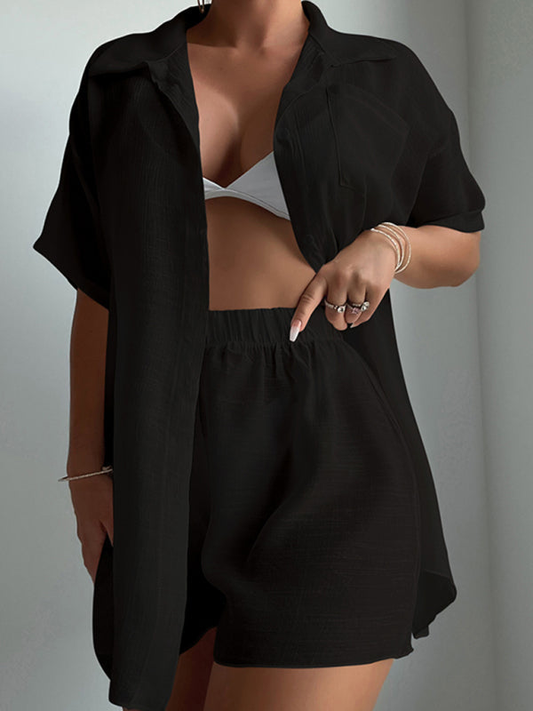 Beach vacation loose sun protection clothing swimsuit cover-up short-sleeved shirt set