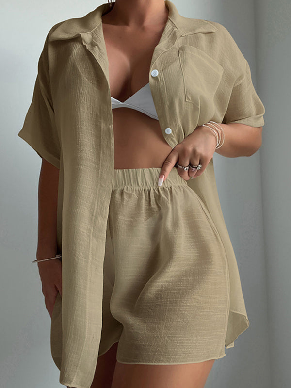 Beach vacation loose sun protection clothing swimsuit cover-up short-sleeved shirt set