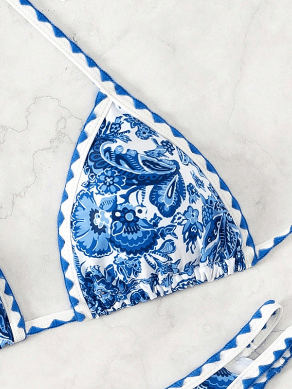 Blue Printed Halter Neck Sexy Bikini