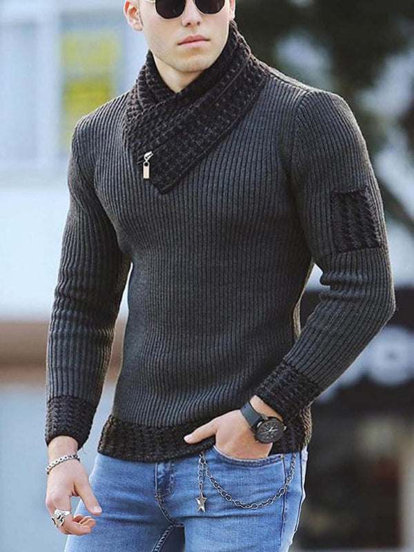 British Plus Size Men’s Sweater Pullover Long Sleeve Scarf Turtleneck Men’s Knitwear