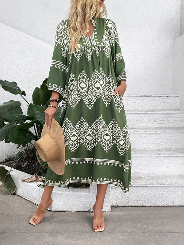 Green patterned midi dress in rayon offers a casual holiday ethnic style