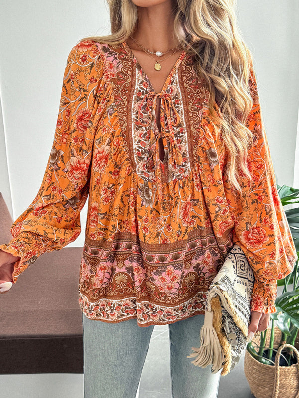 Casual holiday print long-sleeved T-shirt top shirt - Orange / S
