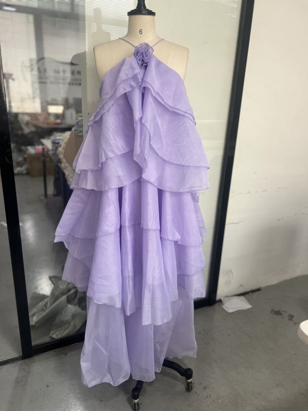 Elegant holiday style halterneck 3D floral suspender dress - Purple / XS