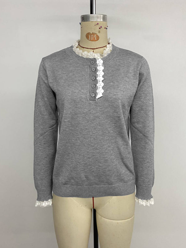 Elegant retro loose lace cardigan colorblock sweater