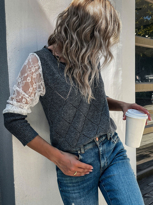 Fashion foreign trade cross-border women’s long-sleeved lace stitching sweater