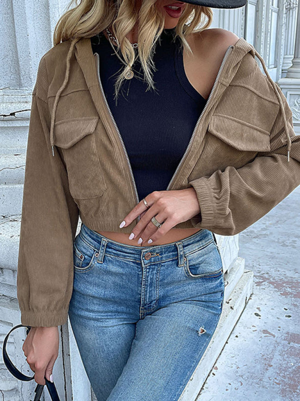Fashion women’s solid color hooded corduroy jacket
