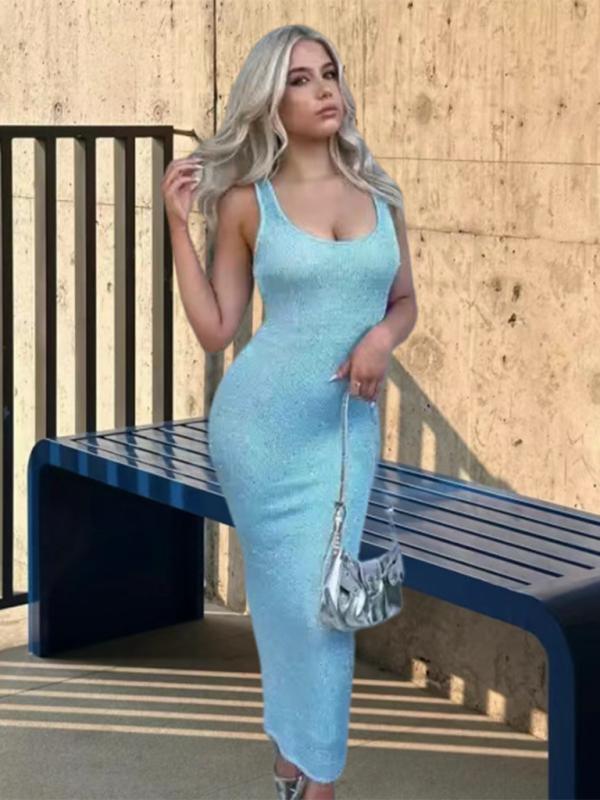 Fashionable and sexy U-neck slim fit sequined hip sleeveless vest dress - Acid blue / S