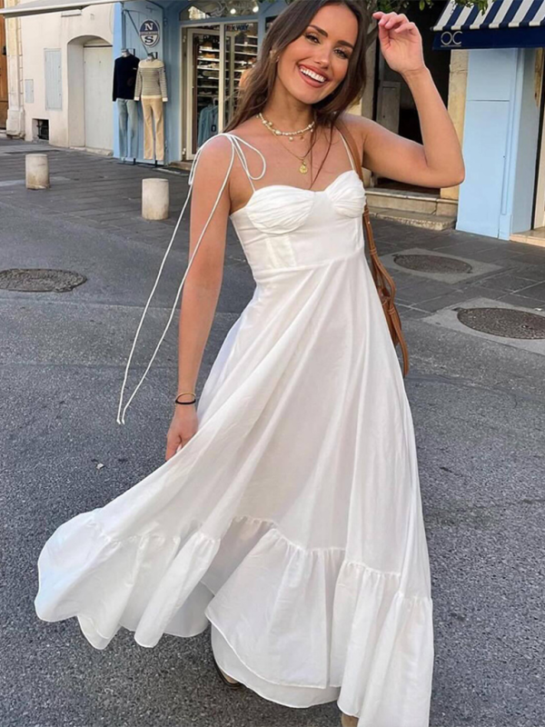 Fashionable and versatile layered poplin sleeveless suspender dress - White / XS
