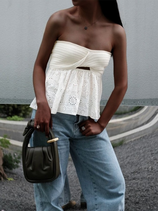 Fashionable casual knitted embroidered stitching holiday sexy tube top top