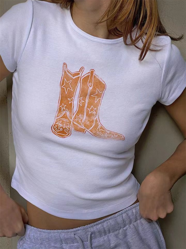 Fashionable hot girl style printed loose casual navel-baring short-sleeved T-shirt - Orange / S
