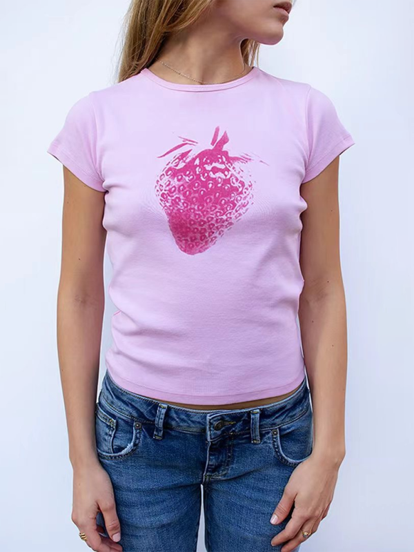 Fashionable hot girl style printed loose casual navel-baring short-sleeved T-shirt - Pink / S