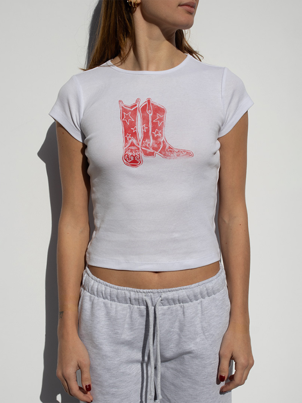Fashionable hot girl style printed loose casual navel-baring short-sleeved T-shirt - Red / S