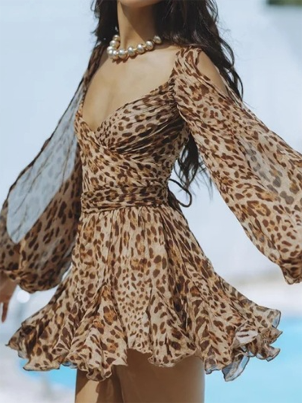 Fashionable off-shoulder sleeves V-neck sexy dress - Leopard / S
