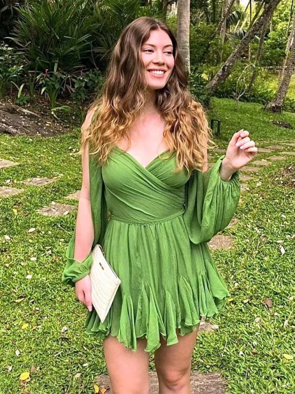 Fashionable off-shoulder sleeves V-neck sexy dress - Pale green / S