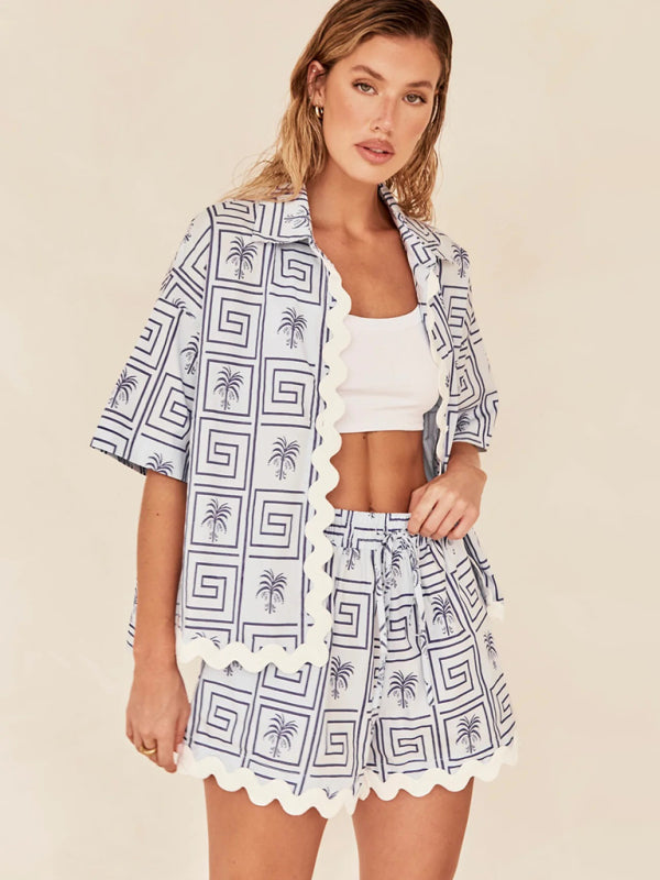 Fashionable Simple Cardigan Women’s Wave Pattern Stitching Fashion Set (Vest Not Included)