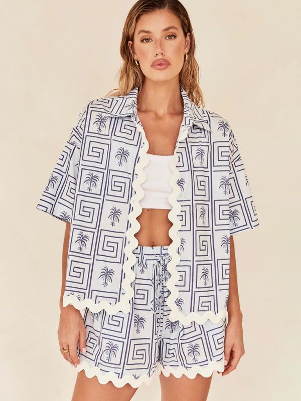 Fashionable Simple Cardigan Women’s Wave Pattern Stitching Fashion Set (Vest Not Included) - Blue / S