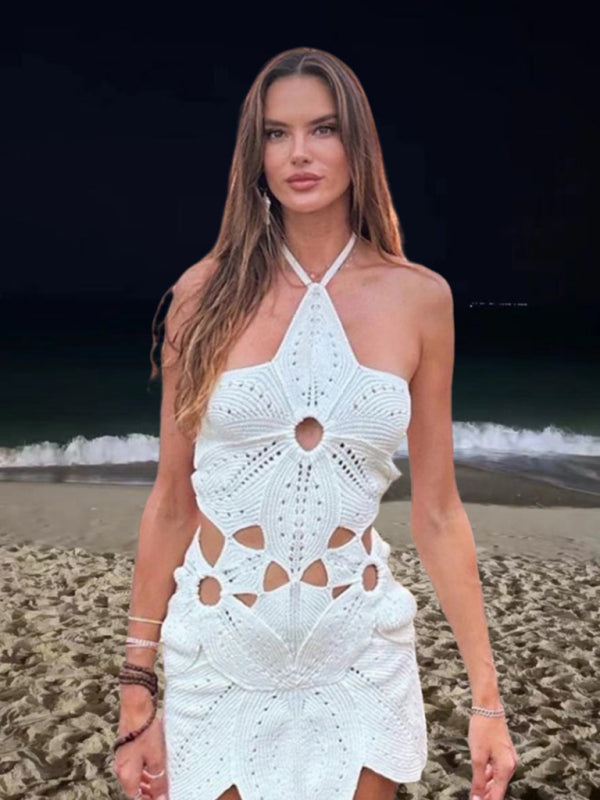 Fashionable slim sexy halter neck hollow waist knitted irregular dress - White / S