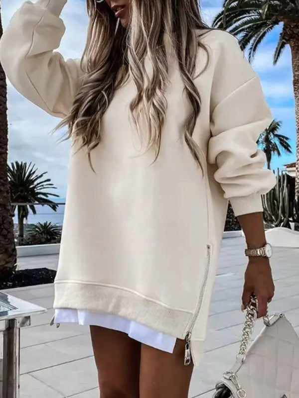 Fashionable stitching side zipper design pullover sweatshirt - Cracker khaki / S