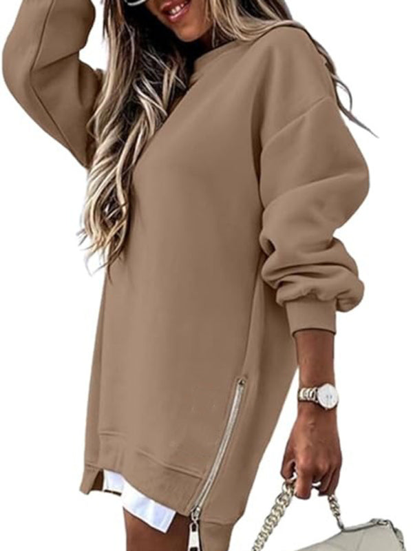 Fashionable stitching side zipper design pullover sweatshirt - Khaki / S