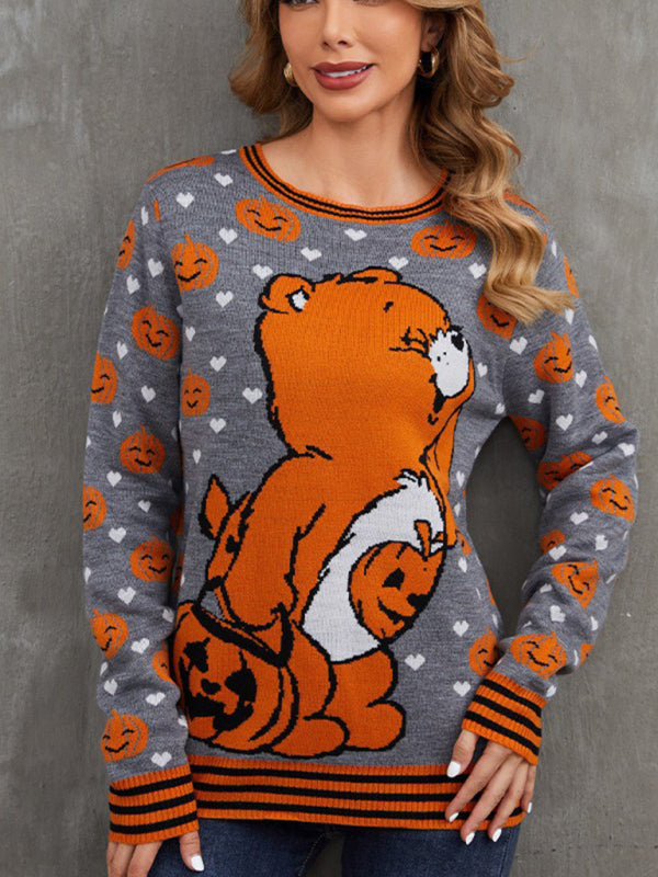 Fashionable Women’s Halloween Jacquard Cartoon Casual Women’s Sweater - Grey / S