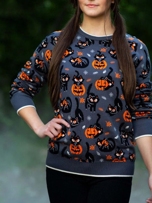Fashionable Women’s Jacquard Sweater Halloween Loose Round Neck Pullover Women’s Sweater - Grey / S