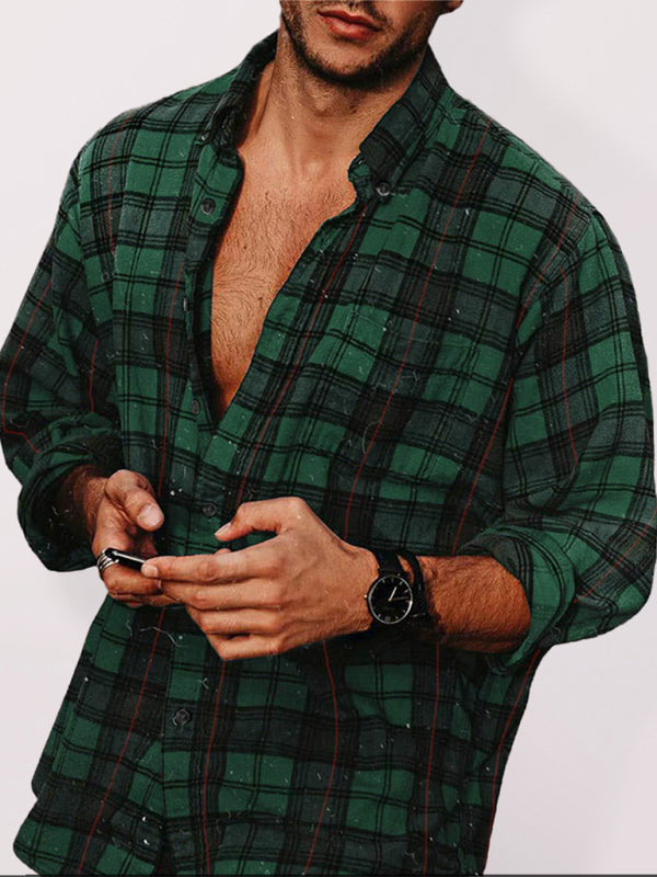 Flannel Plaid Men’s Long Sleeve Shirt - Green / M