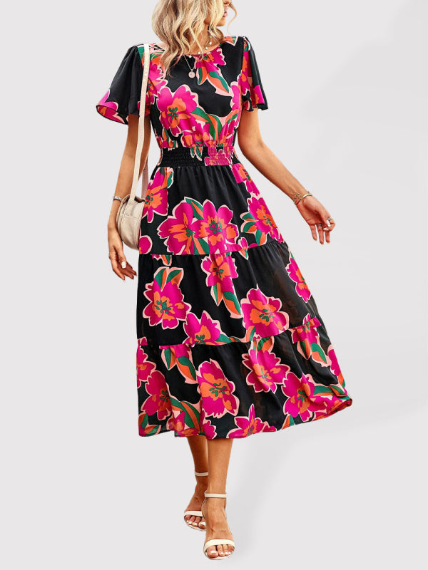 Floral Dress 2023 Summer Temperament Elegant Waist Short Sleeve Long Dress - Red / S