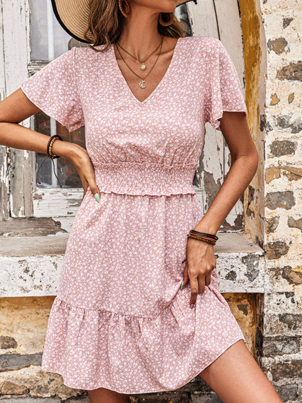 Floral Dress Pink Casual V-Neck Ruffle Dress - Pink / S