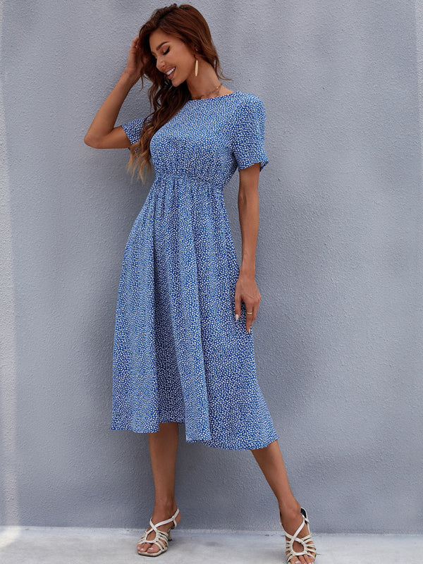 Floral dress women’s summer small fresh short-sleeved mid-length skirt - Blue / S