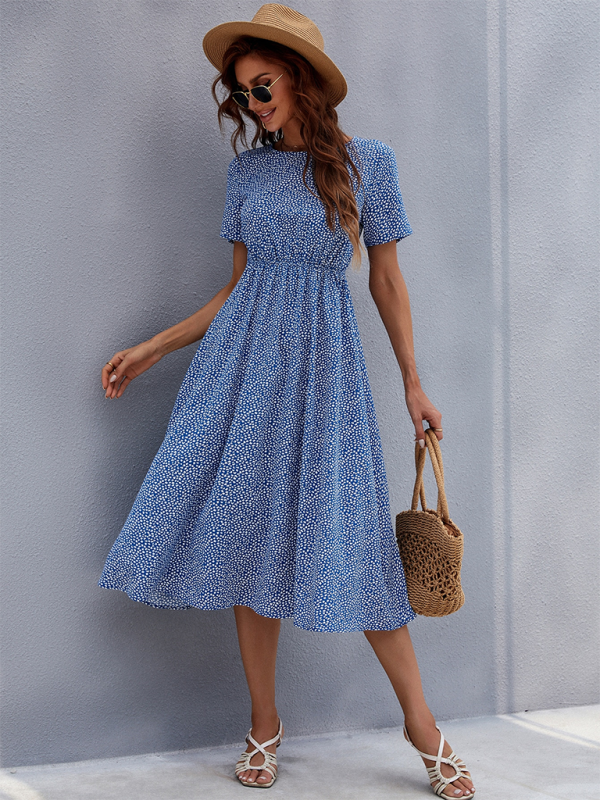 Floral dress women’s summer small fresh short-sleeved mid-length skirt