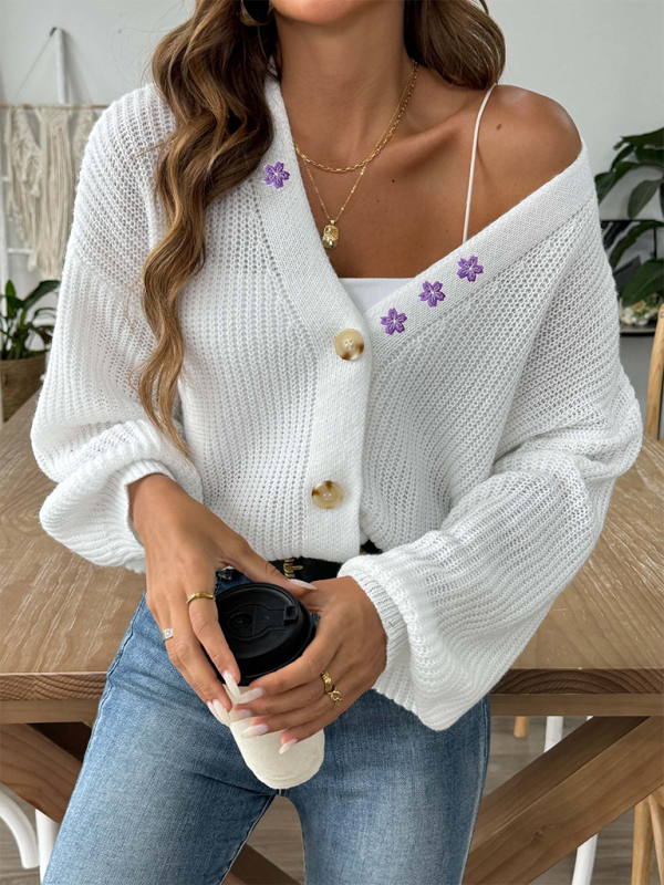 Floral Embroidered Applique Cropped Button Cardigan Sweater - White / S