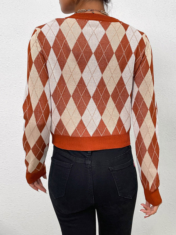 Foreign trade women's long-sleeved short rhombus sweater - Closther
