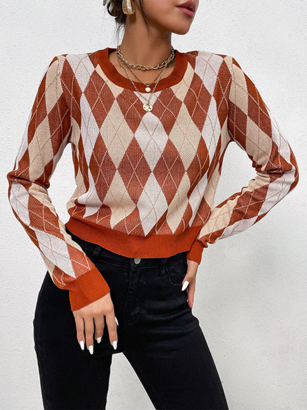 Foreign trade women's long-sleeved short rhombus sweater - Closther