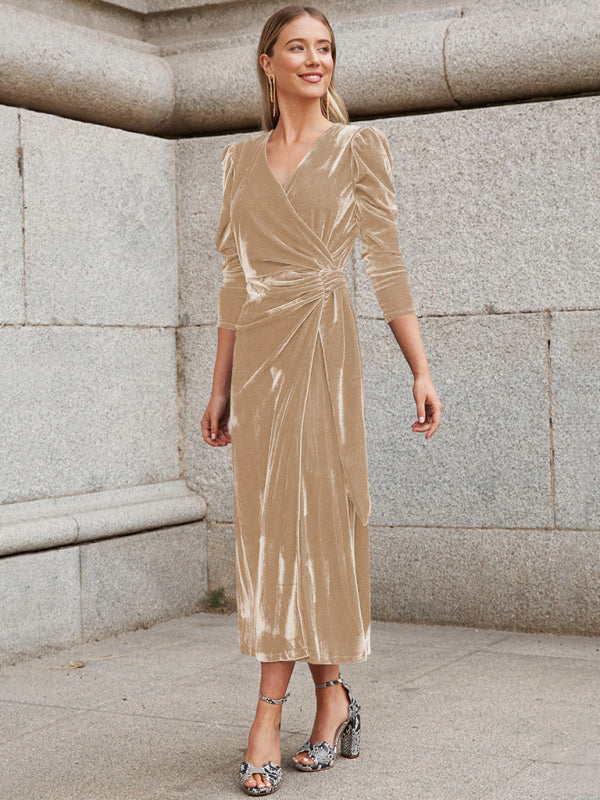 French Elegant Long Sleeve Evening Gown Gold Velvet Dress - Cracker khaki / S