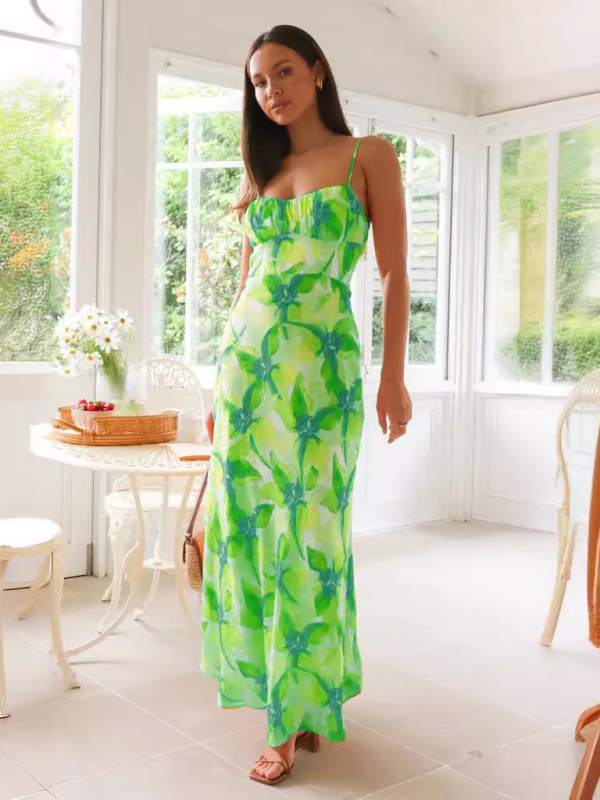 Fresh and sweet summer floral print backless midi dress - Green / S