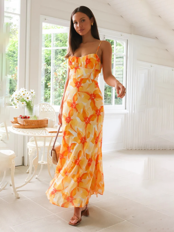 Fresh and sweet summer floral print backless midi dress - Yellow / S