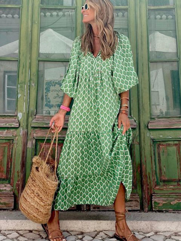 Geometric Collage Puff Sleeve Dress Street Holiday Women’s Clothing