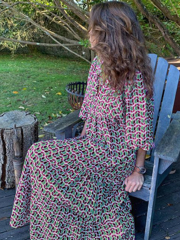 Geometric Collage Puff Sleeve Dress Street Holiday Women’s Clothing - Violet / S