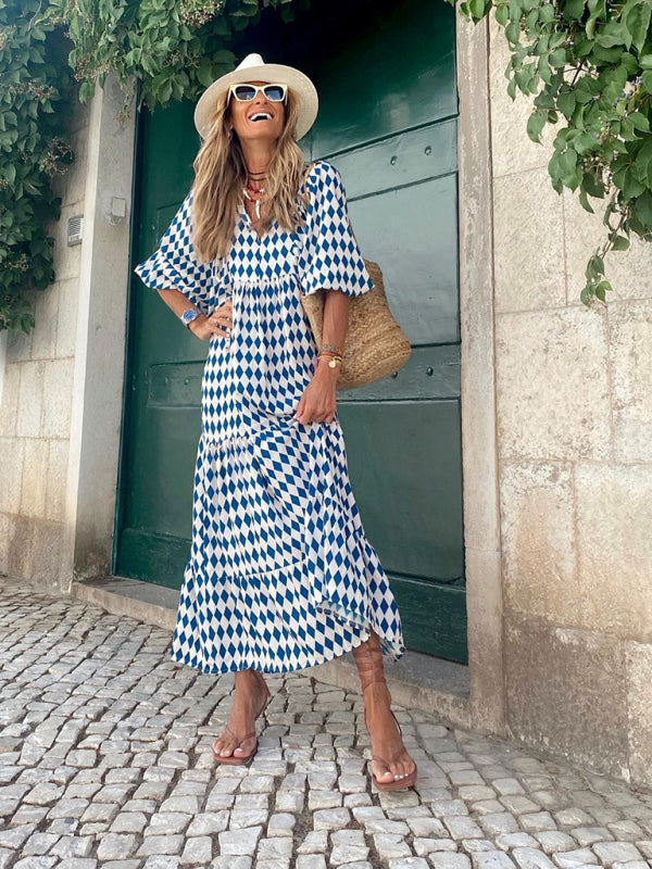 Geometric Collage Puff Sleeve Dress Street Holiday Women’s Clothing