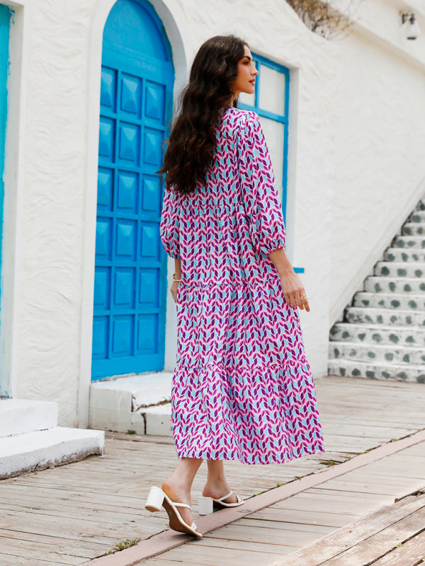 Geometric Collage Puff Sleeve Dress Street Holiday Women’s Clothing