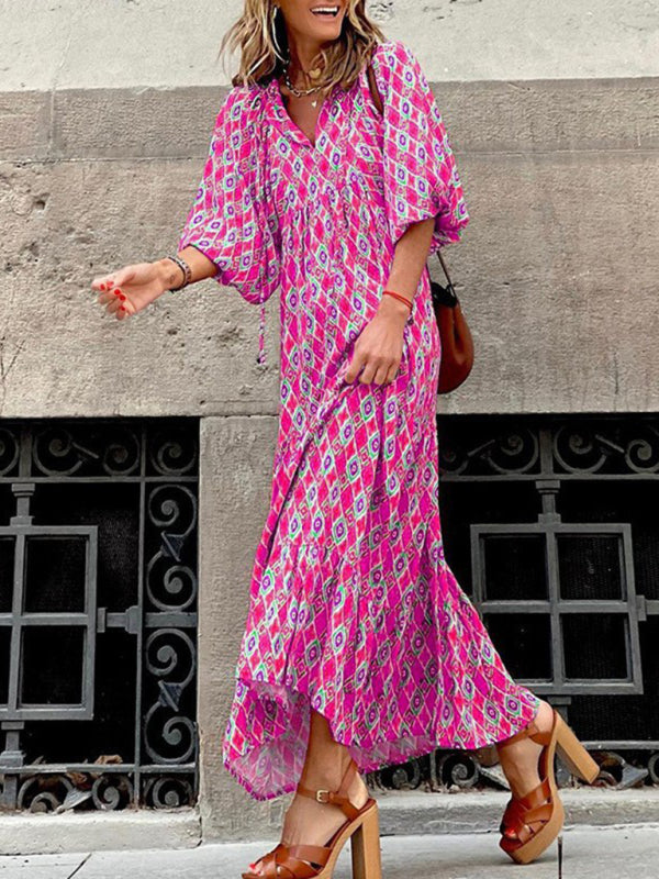 Geometric Collage Puff Sleeve Dress Street Holiday Women’s Clothing