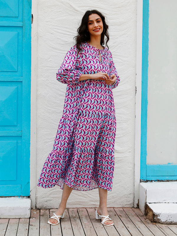Geometric Collage Puff Sleeve Dress Street Holiday Women’s Clothing