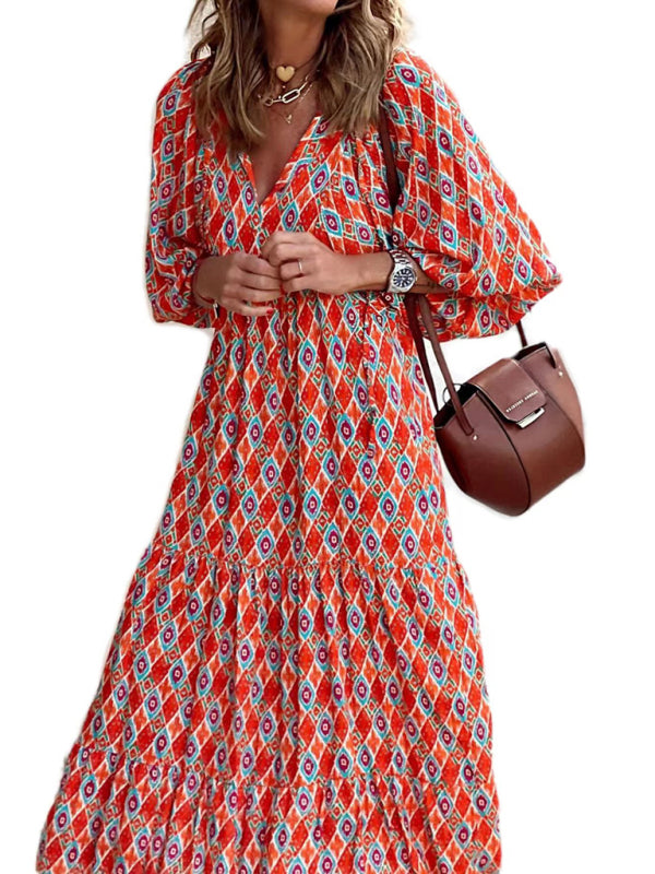 Geometric Collage Puff Sleeve Dress Street Holiday Women’s Clothing