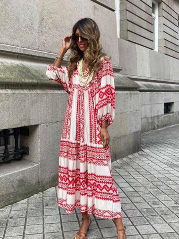 Geometric Collage Puff Sleeve Dress Street Holiday Women’s Clothing - Wine Red / S