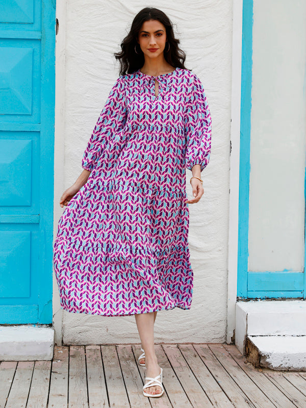 Geometric Collage Puff Sleeve Dress Street Holiday Women’s Clothing - Pattern5 / S