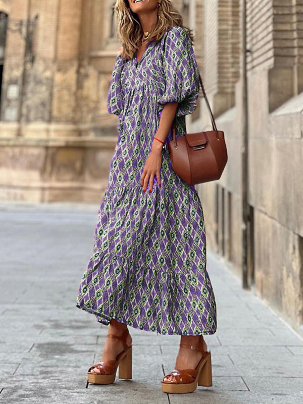 Geometric Collage Puff Sleeve Dress Street Holiday Women’s Clothing - Pattern6 / S