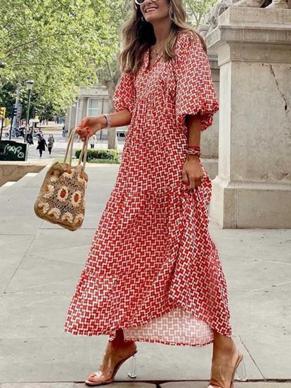Geometric Collage Puff Sleeve Dress Street Holiday Women’s Clothing - Red / S