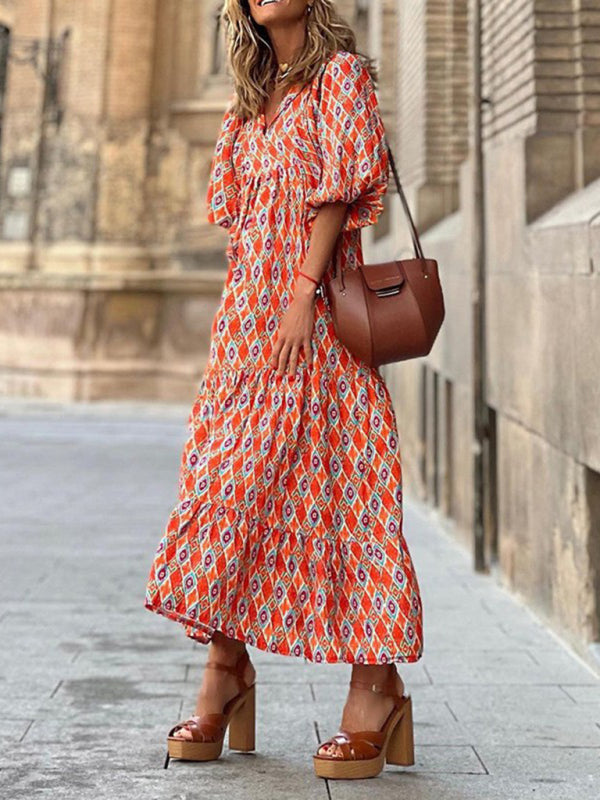 Geometric Collage Puff Sleeve Dress Street Holiday Women’s Clothing - Pattern2 / S