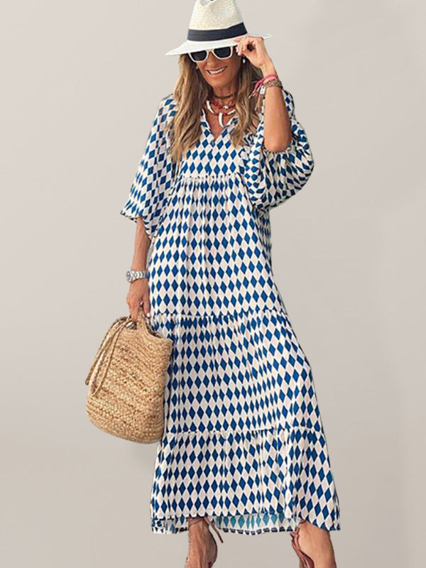 Geometric Collage Puff Sleeve Dress Street Holiday Women’s Clothing - Sky blue azure / S