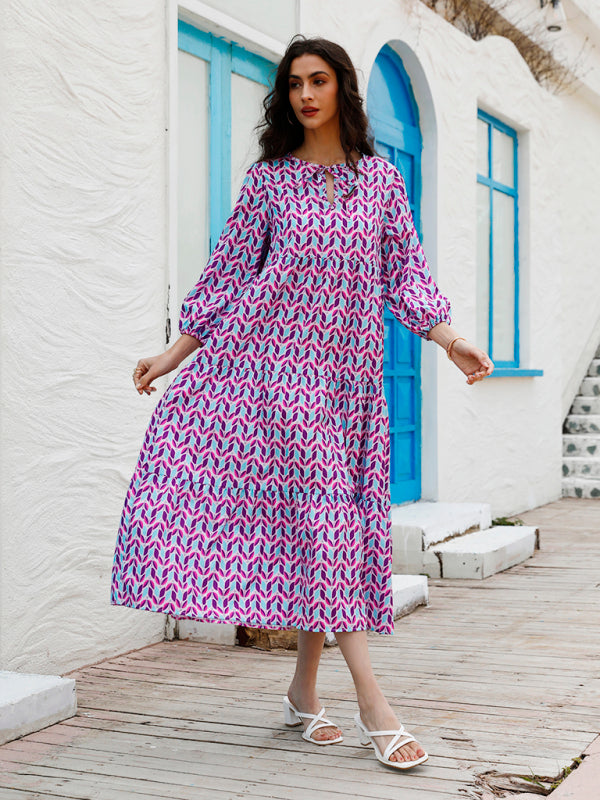 Geometric Collage Puff Sleeve Dress Street Holiday Women’s Clothing